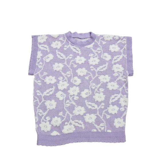 Vtg Floral Sweater Womens Size L Lilac Short Sleeve USA Made Grandmacore Artsy - Picture 1 of 8